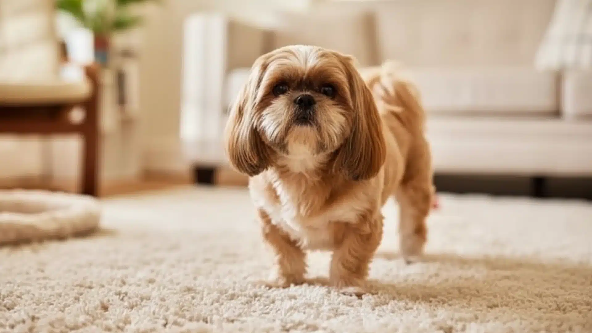 Gold and white Shih Tzu standing on a soft indoor rug in a cozy living room with sofa and warm natural light in background