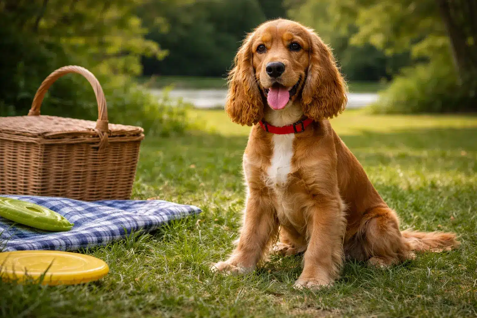 Golden Cocker Spaniel sitting on grass near a picnic basket and frisbees by a lake