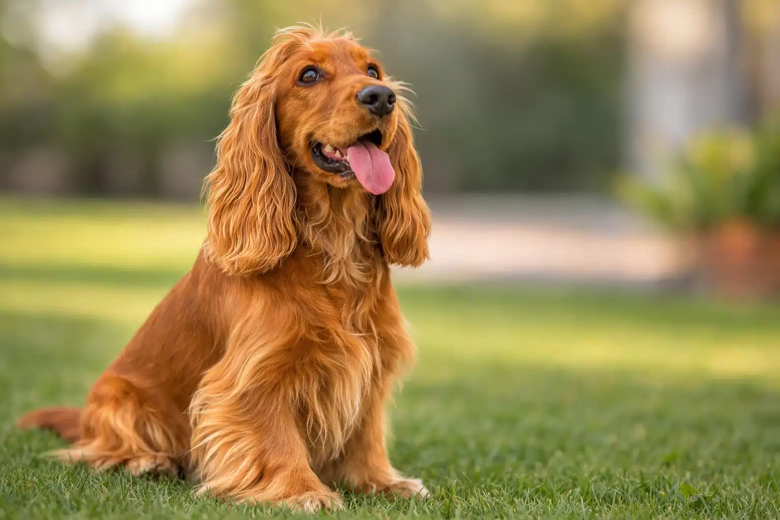 Golden Cocker Spaniel sitting on grass with tongue out in park