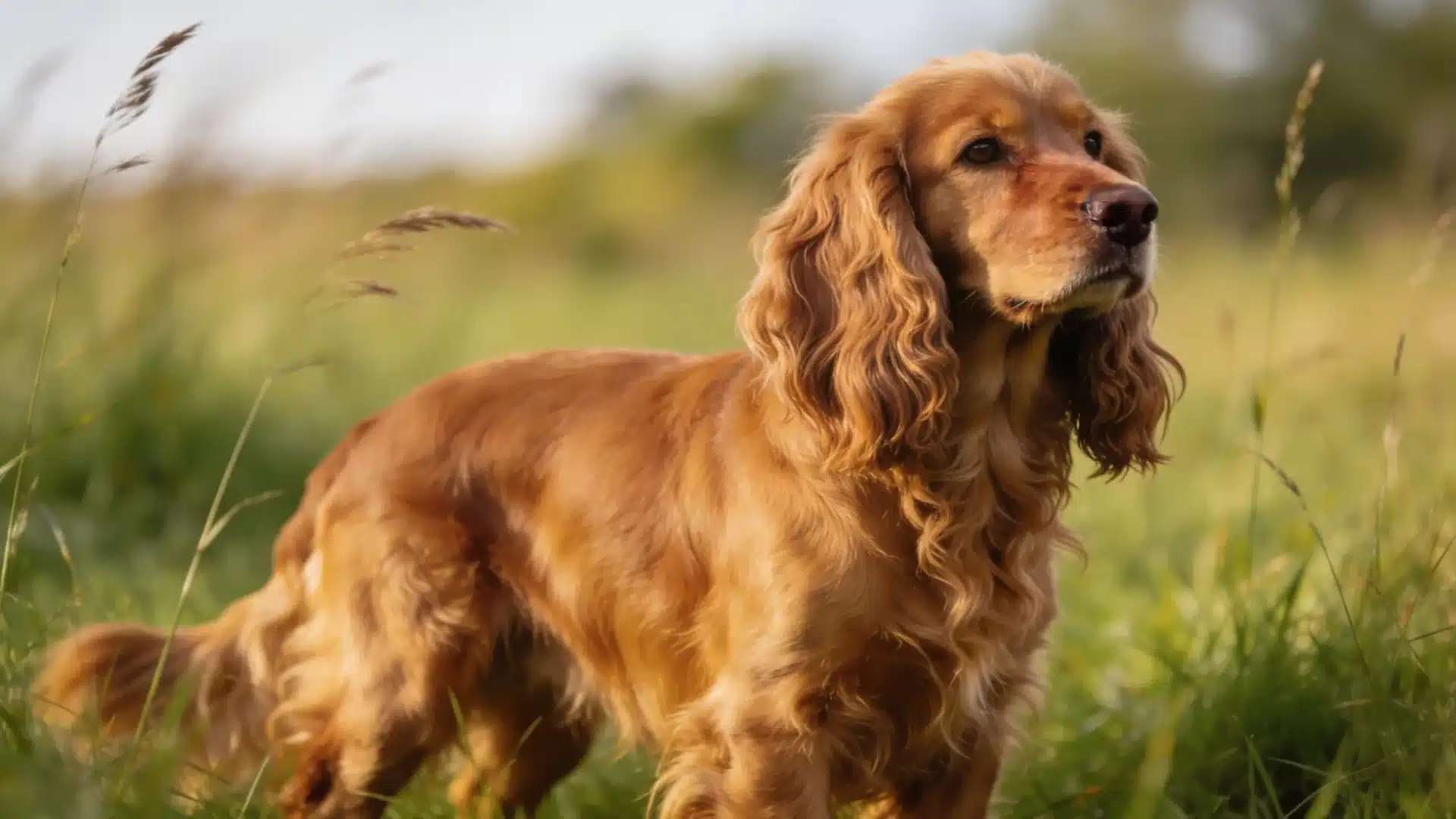 Golden Cocker Spaniel standing alert in a grassy field with long silky ears and soft sunlight