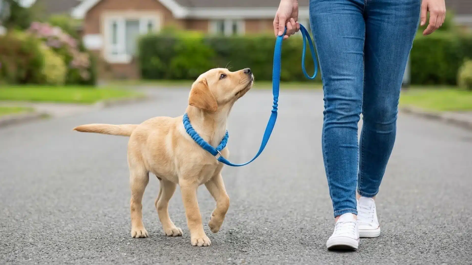 Golden Labrador puppy walking on leash with woman on quiet suburban street