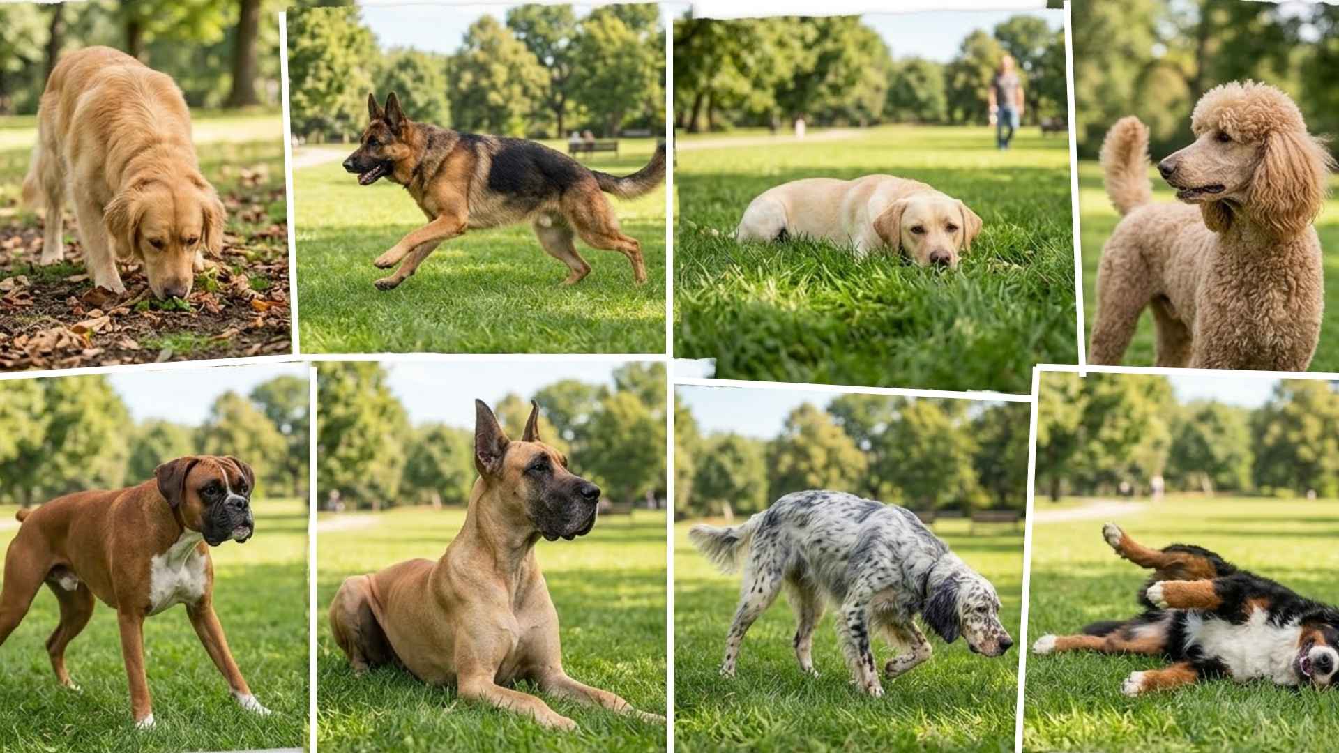 Golden Retriever, German Shepherd, Labrador, and Poodle showing sniffing, running, and resting behaviors in a park