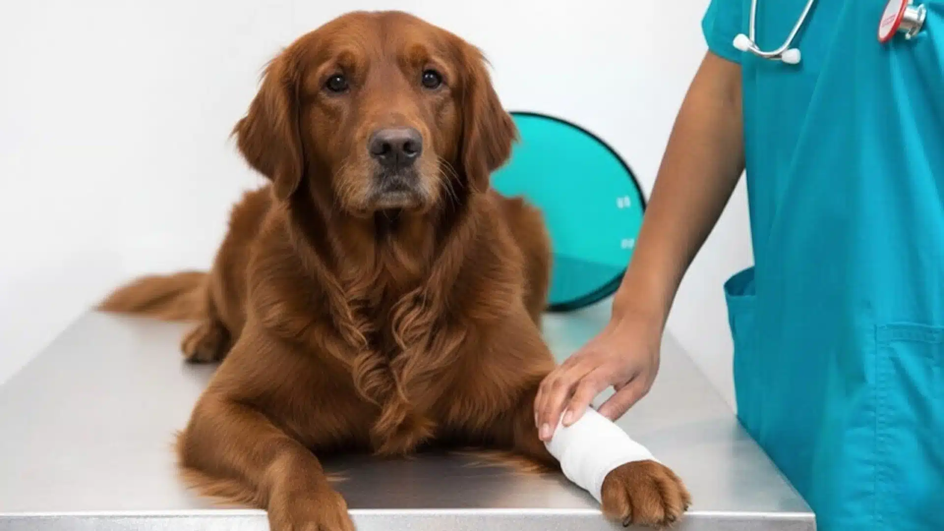 Golden Retriever at vet clinic with bandaged leg, nurse in scrubs standing beside examination table during checkup