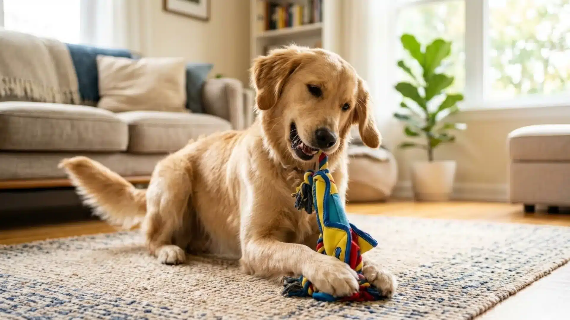 Golden Retriever chewing a colorful rope toy on a rug in a bright living room with sofa, plant, and sunlight through window