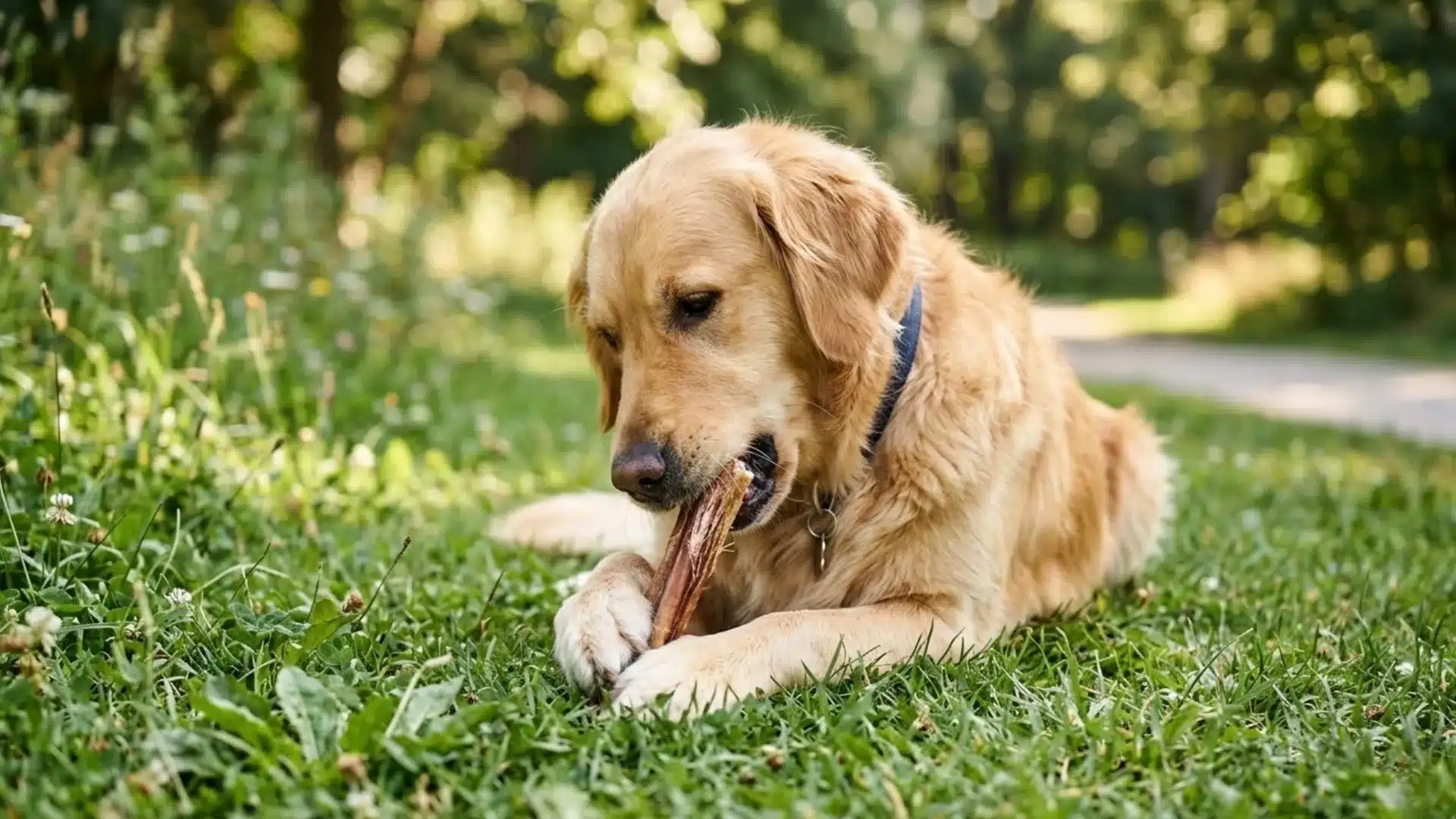 Golden Retriever chewing a natural beef collagen stick while lying on green grass in a sunny park with trees and a walking path in background