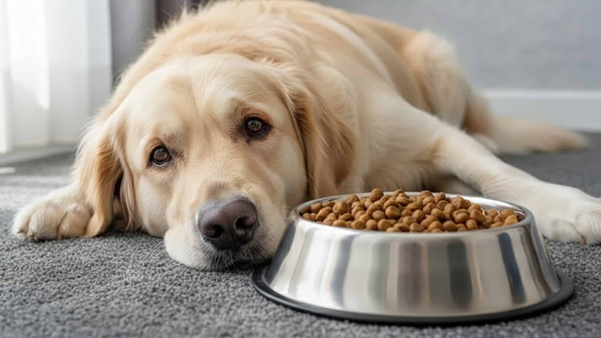 Golden Retriever lying on carpet beside a metal bowl filled with dry dog food indoors