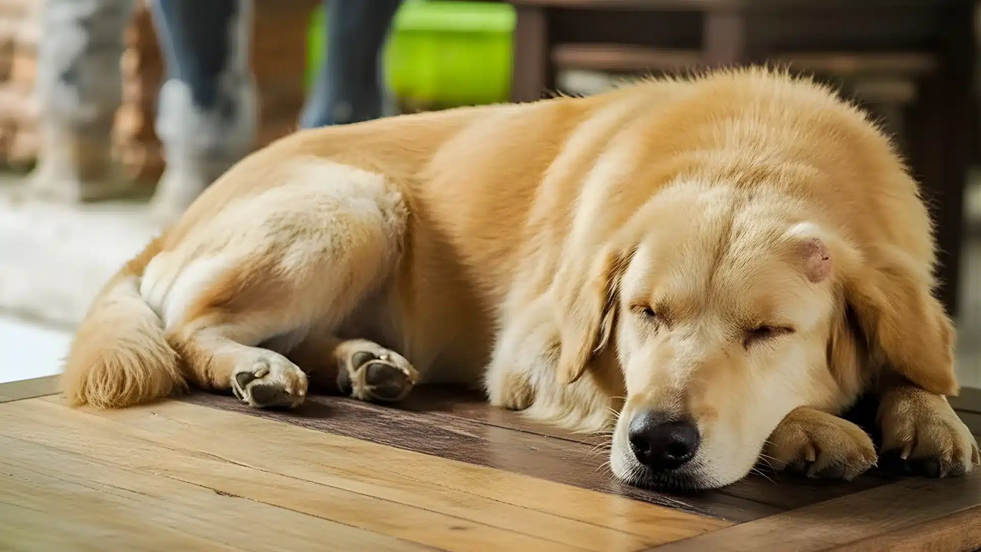 Golden Retriever lying on wooden floor with small raised lump on head, possibly showing lipoma or skin growth