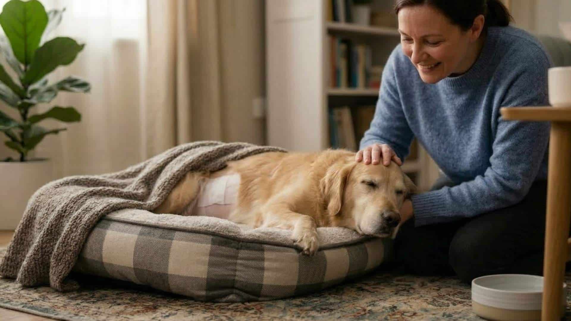 Golden Retriever resting on dog bed after surgery while owner gently pats its head at home