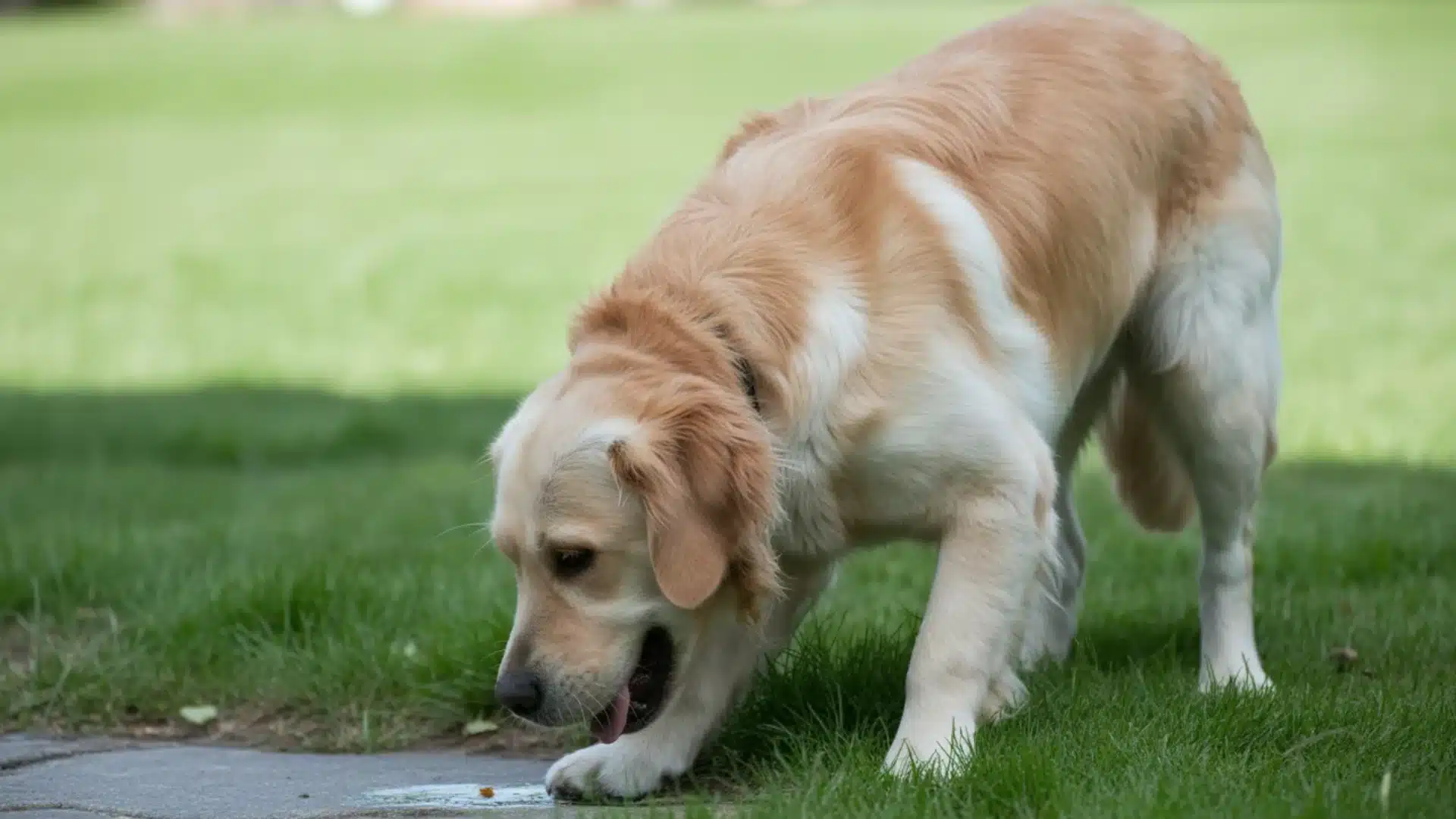 Golden Retriever vomiting on green grass outdoors near a sidewalk in a backyard setting during daytime