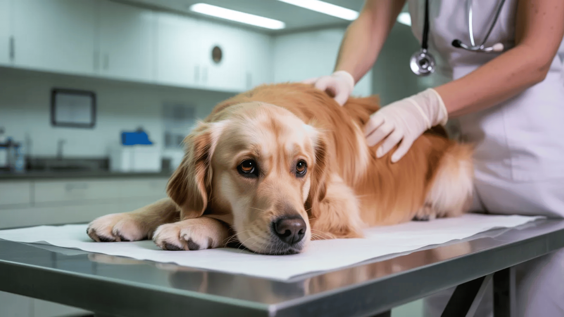 Golden retriever dog lies on an examination table with a vet in gloves and a stethoscope examines it in a pet clinic