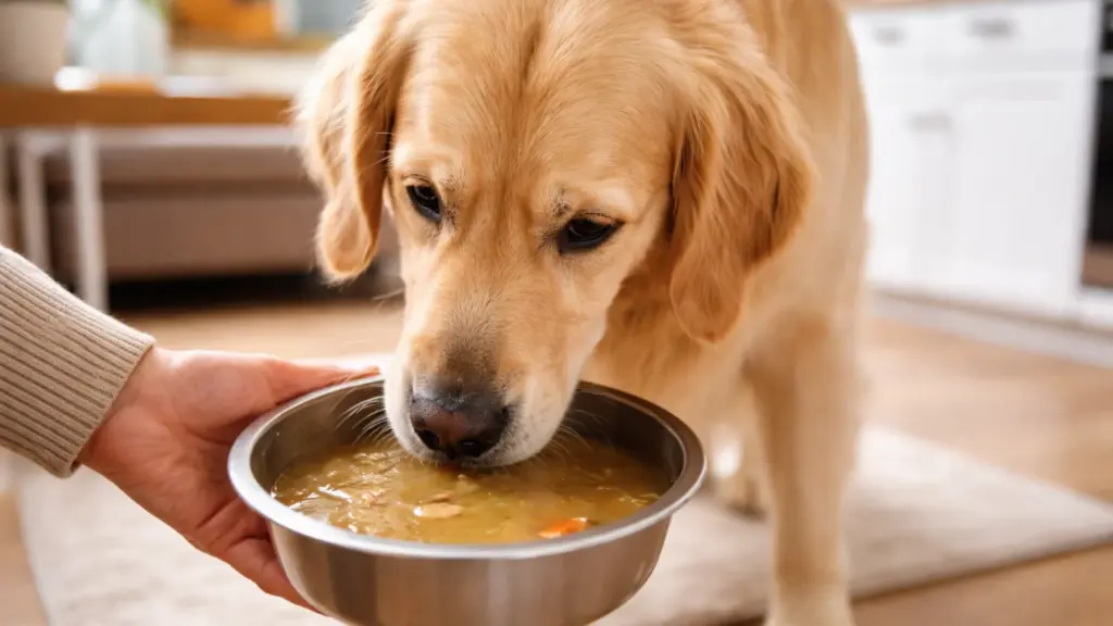 Golden retriever drinking from metal bowl with bone broth in home kitchen