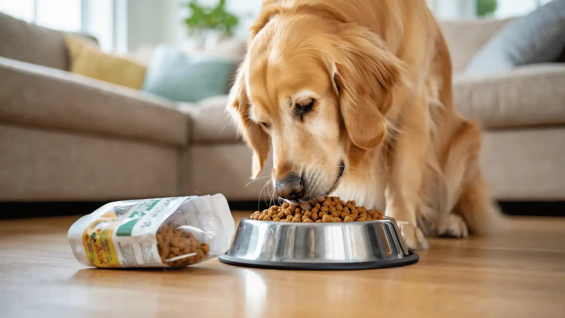 Golden retriever eating freeze dried dog food from a bowl on floor with opened bag of dog food nearby