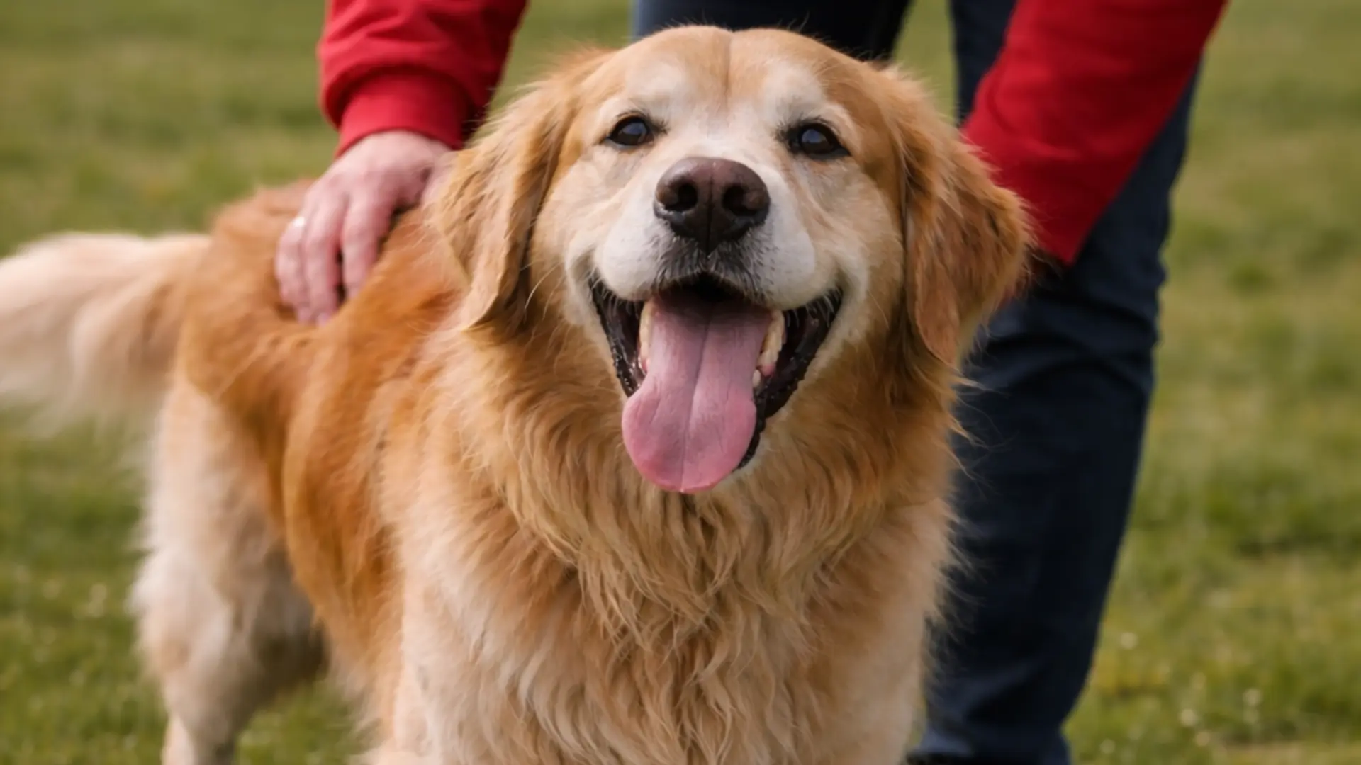 Golden retriever panting heavily with tongue out while owner pets dog outdoors showing example of dog breathing heavy