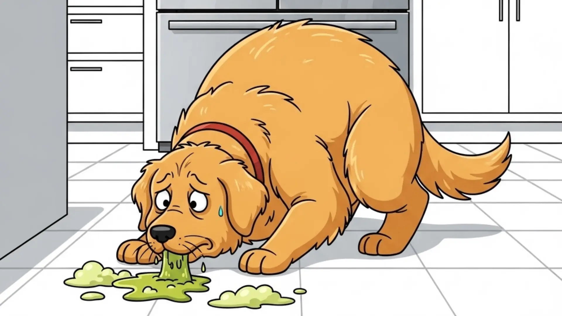 Golden retriever vomiting green liquid on kitchen floor showing signs of dog vomiting and diarrhea