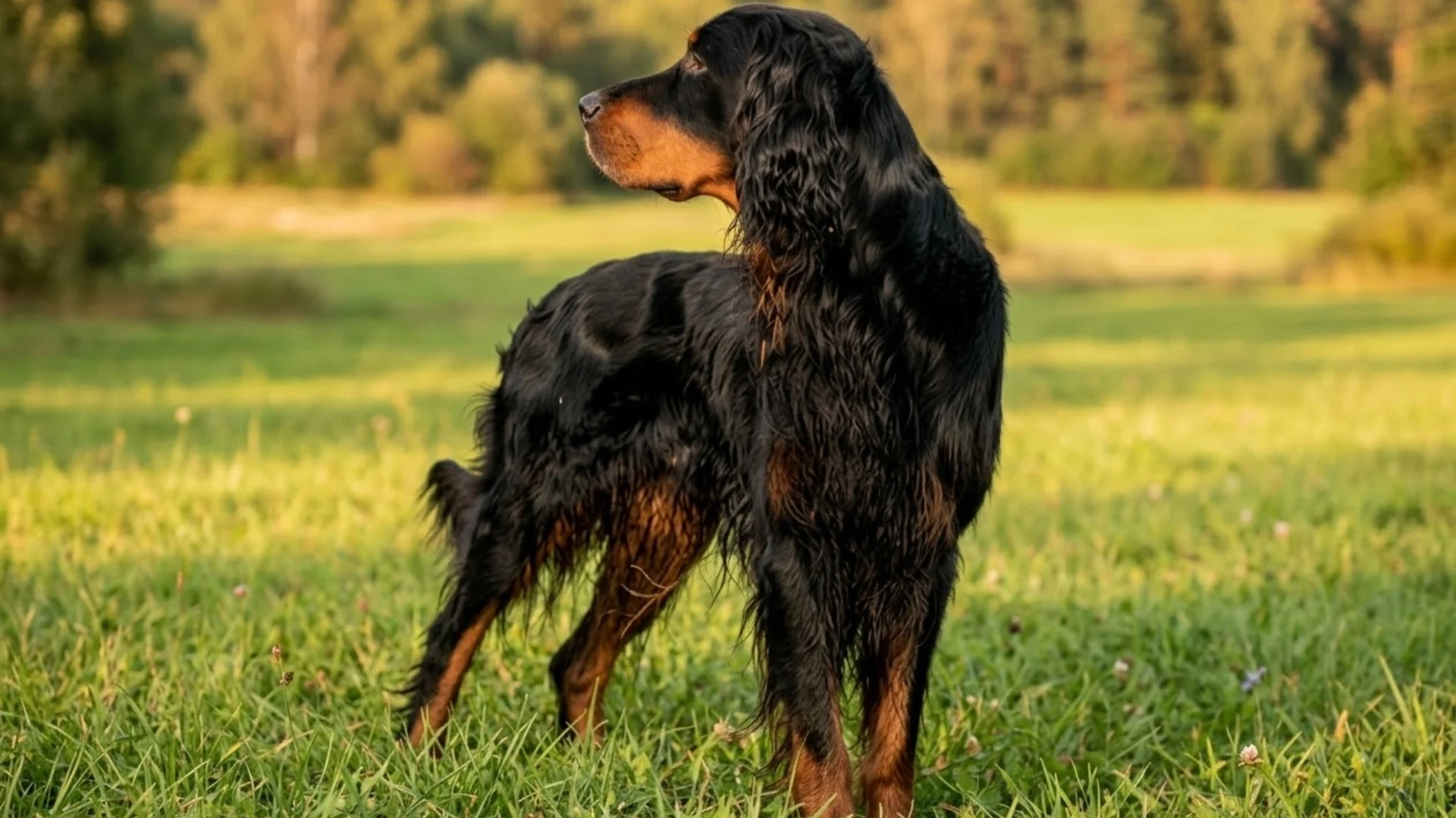 Gordon Setter standing in a grassy field with long black coat and tan markings, showing its elegant build and hunting dog posture