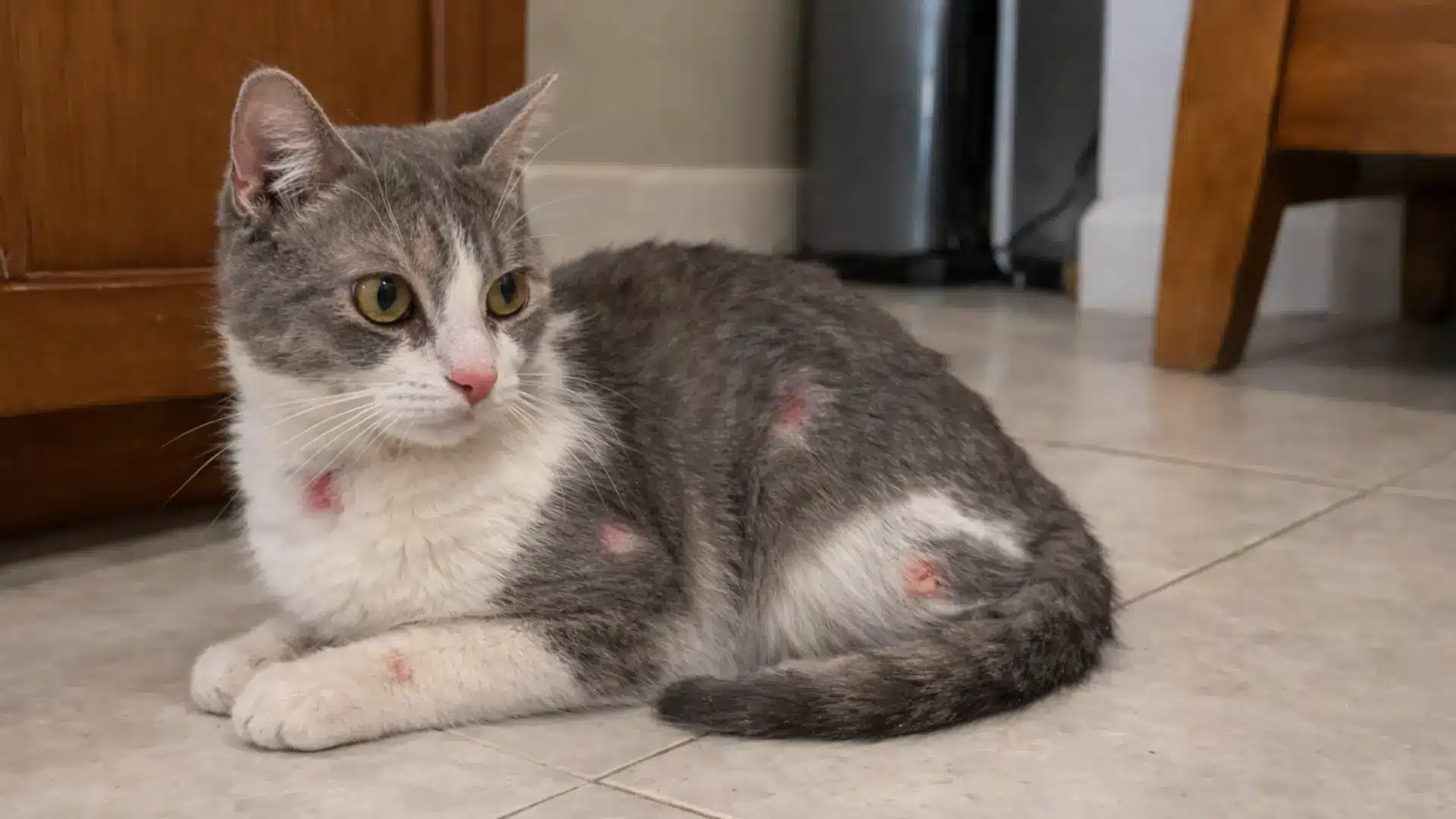 Gray and white cat with red sores and irritated patches on body showing physical symptoms of cat skin allergies