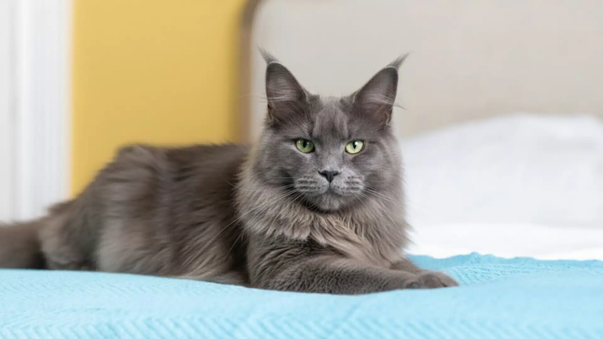 Gray long haired cat with green eyes lying calmly on bed indoors, alert and relaxed posture