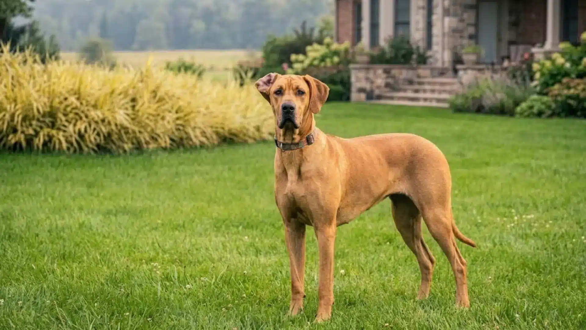 Great Dane standing on green lawn near house, tall muscular dog with short brown coat in garden setting