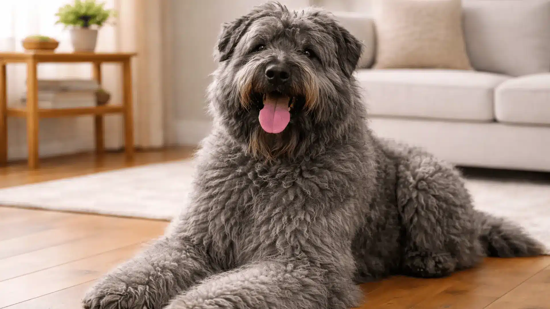 Grey Bouvier des Flandres sitting on a wooden floor inside a living room, shaggy coat and strong build visible