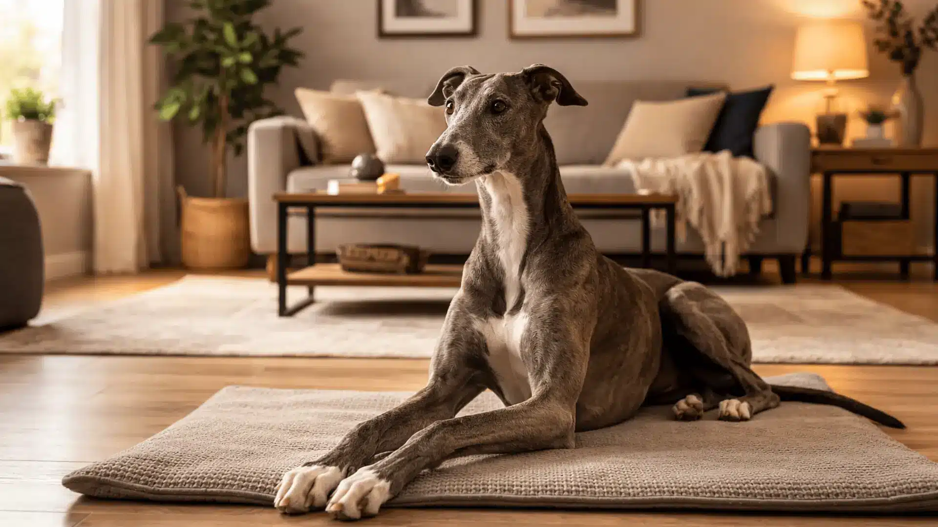 Greyhound sitting calmly on a floor mat inside a cozy living room with sofa, lamp, and warm indoor lighting in the background