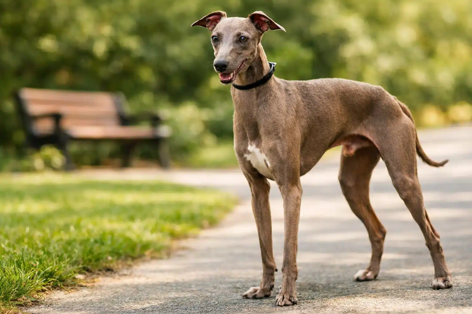 Greyhound standing on paved path in sunny park