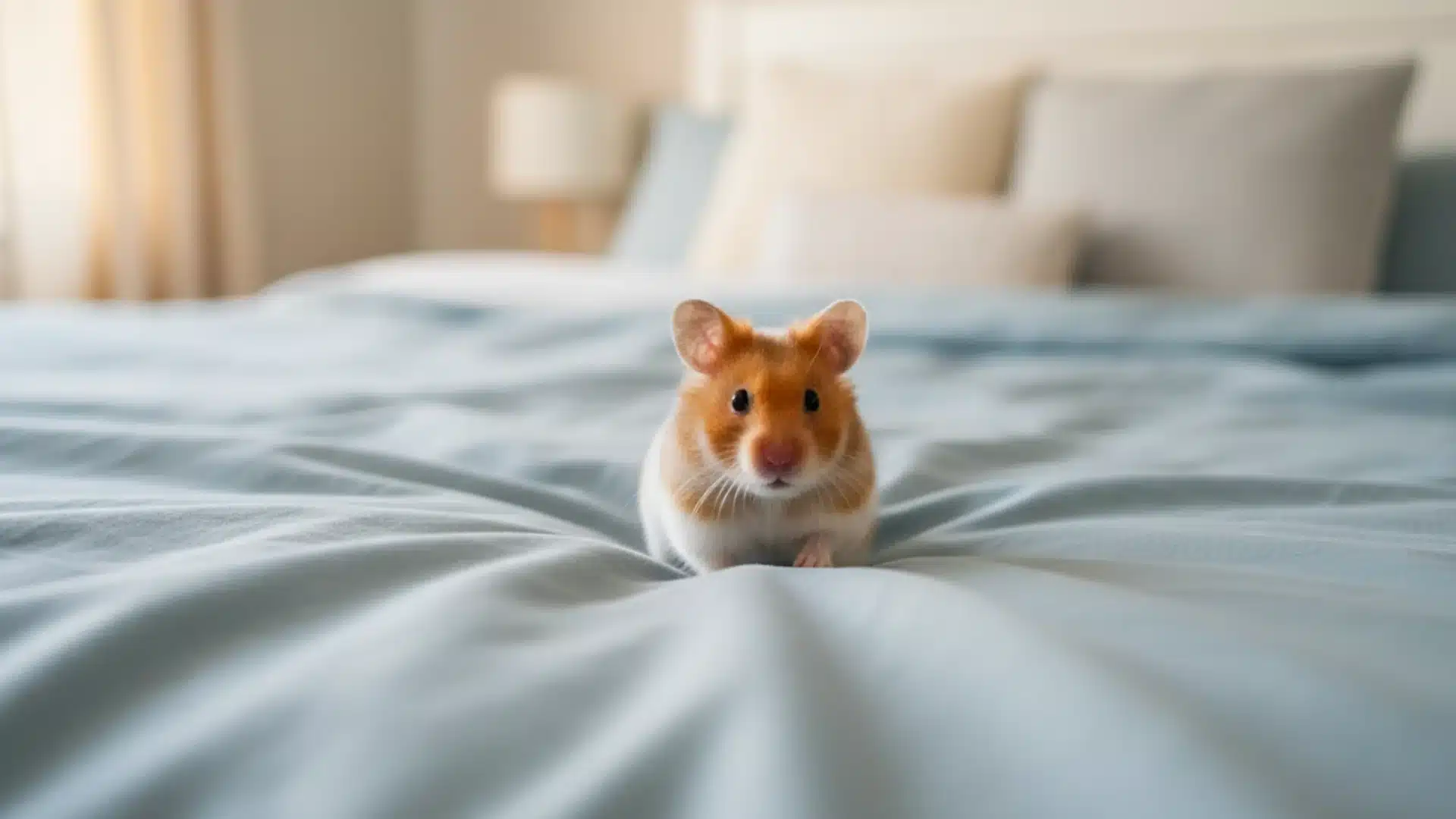 Hamster sitting on a soft bed indoors with blurred background, highlighting small pet comfort and care setting