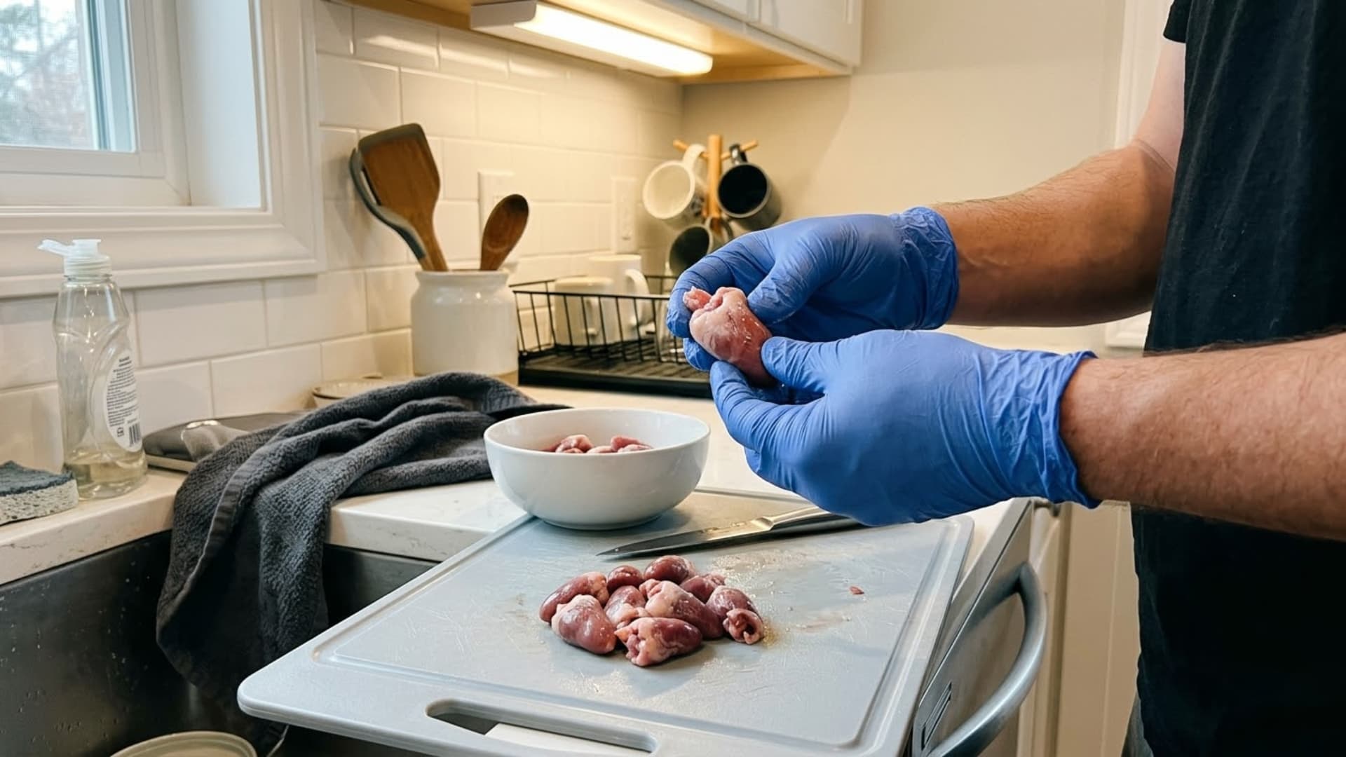 Hands wearing gloves handling raw chicken hearts on a cutting board, clean kitchen setup, focus on safe food handling