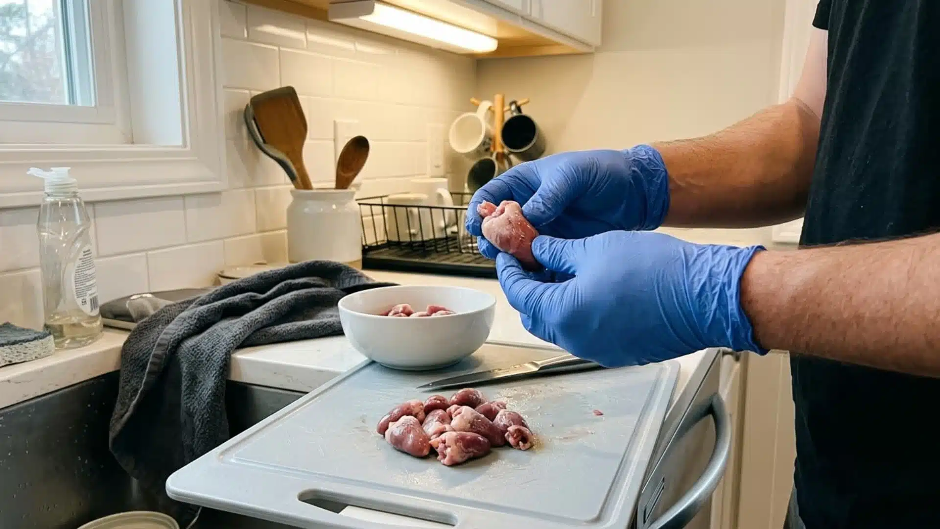 Hands wearing gloves handling raw chicken hearts on a cutting board, clean kitchen setup, focus on safe food handling