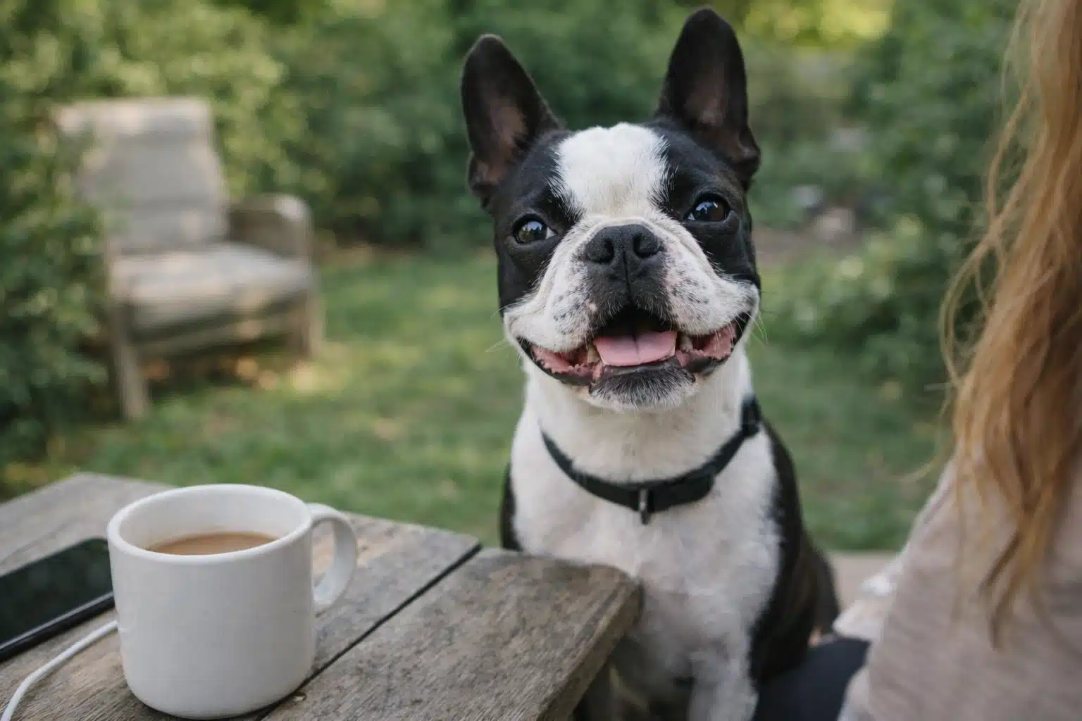 Happy Boston Terrier sitting outdoors near a table with coffee mug, looking directly at camera with playful expression