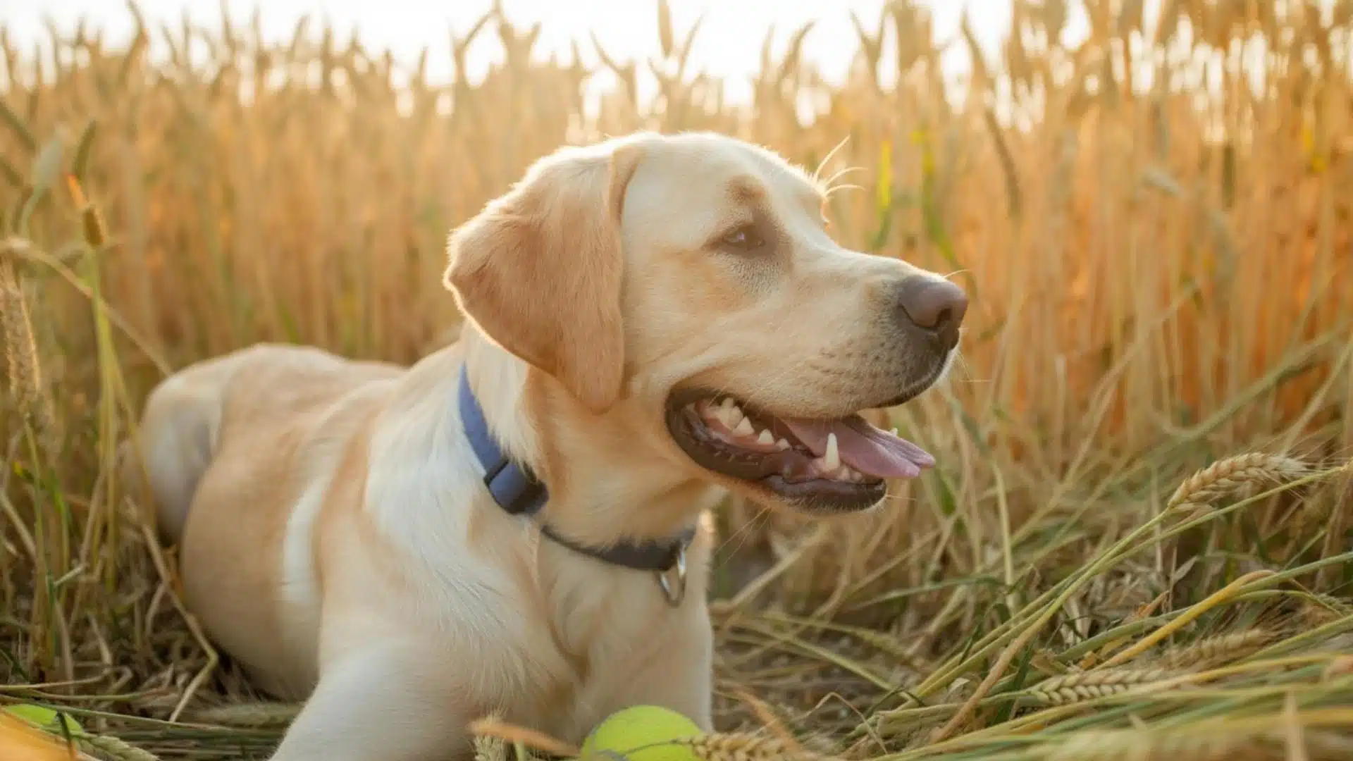 Happy Yellow Lab lying in a wheat field with a tennis ball
