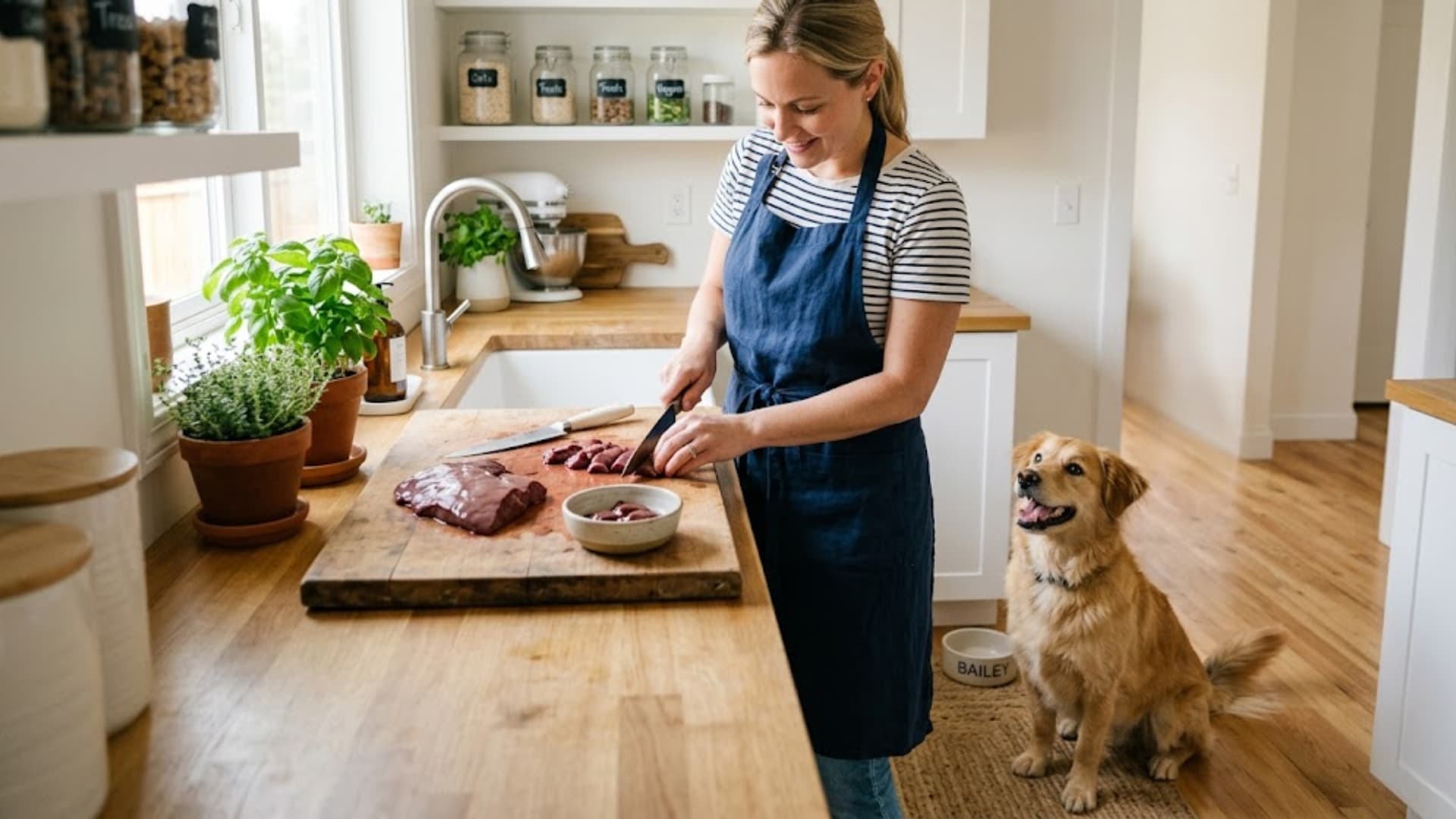 Happy dog watching owner prep fresh beef liver in a bright, modern kitchen