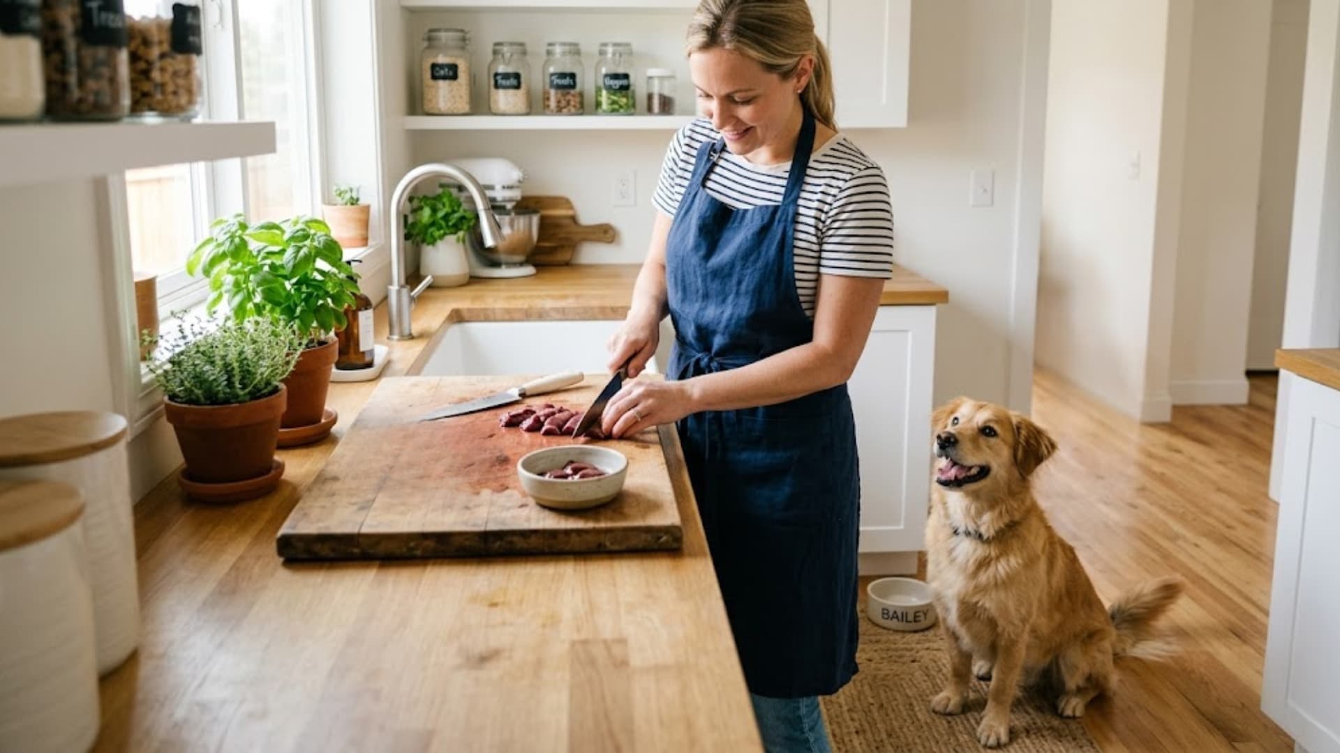 Happy dog watching owner prep fresh chicken heart in a bright, modern kitchen