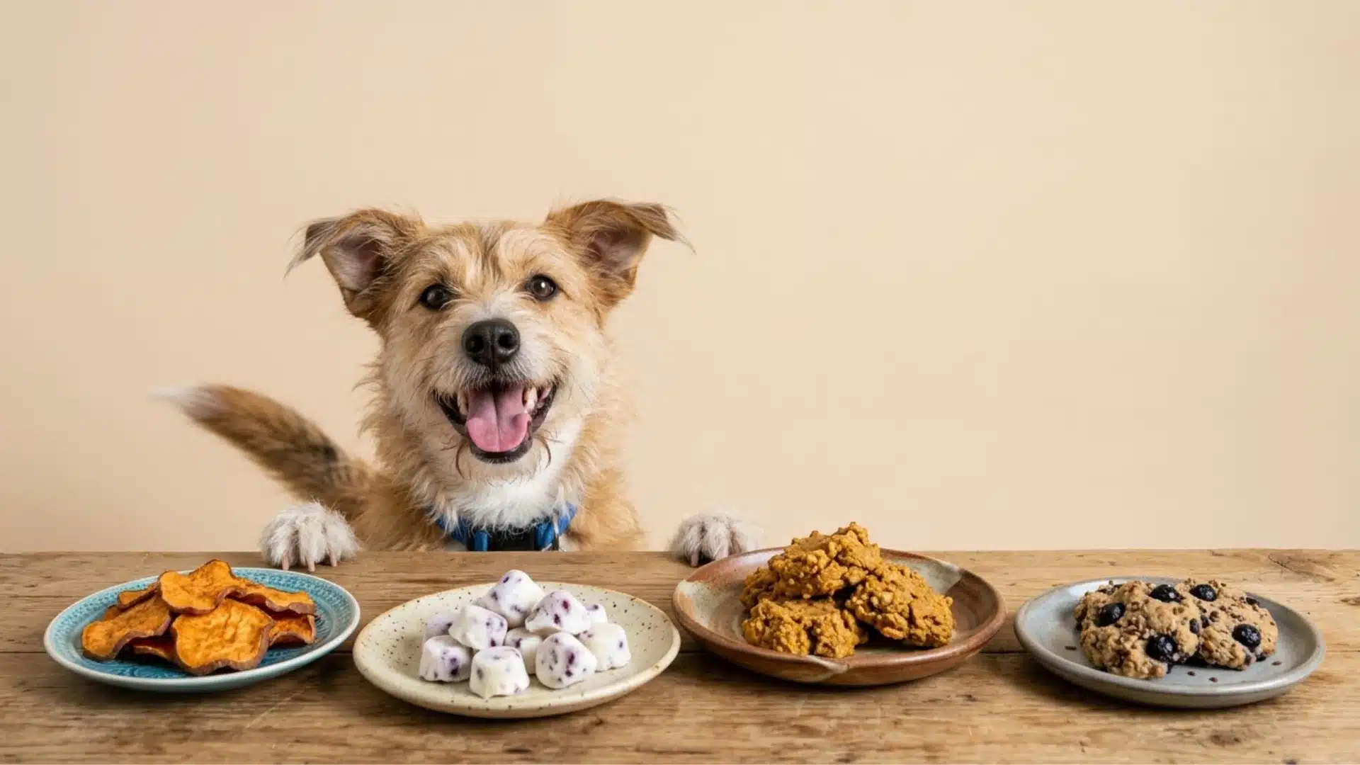 Happy dog with homemade treats on table, including sweet potato chews, yogurt bites, biscuits, and cookies