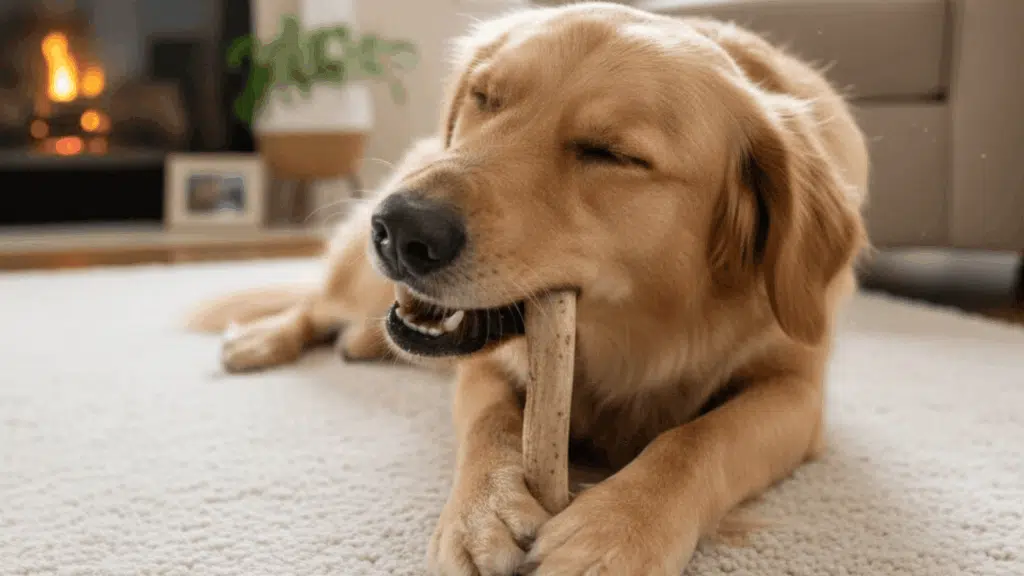 Happy golden retriever lying on a rug, chewing a natural deer antler by a fireplace.