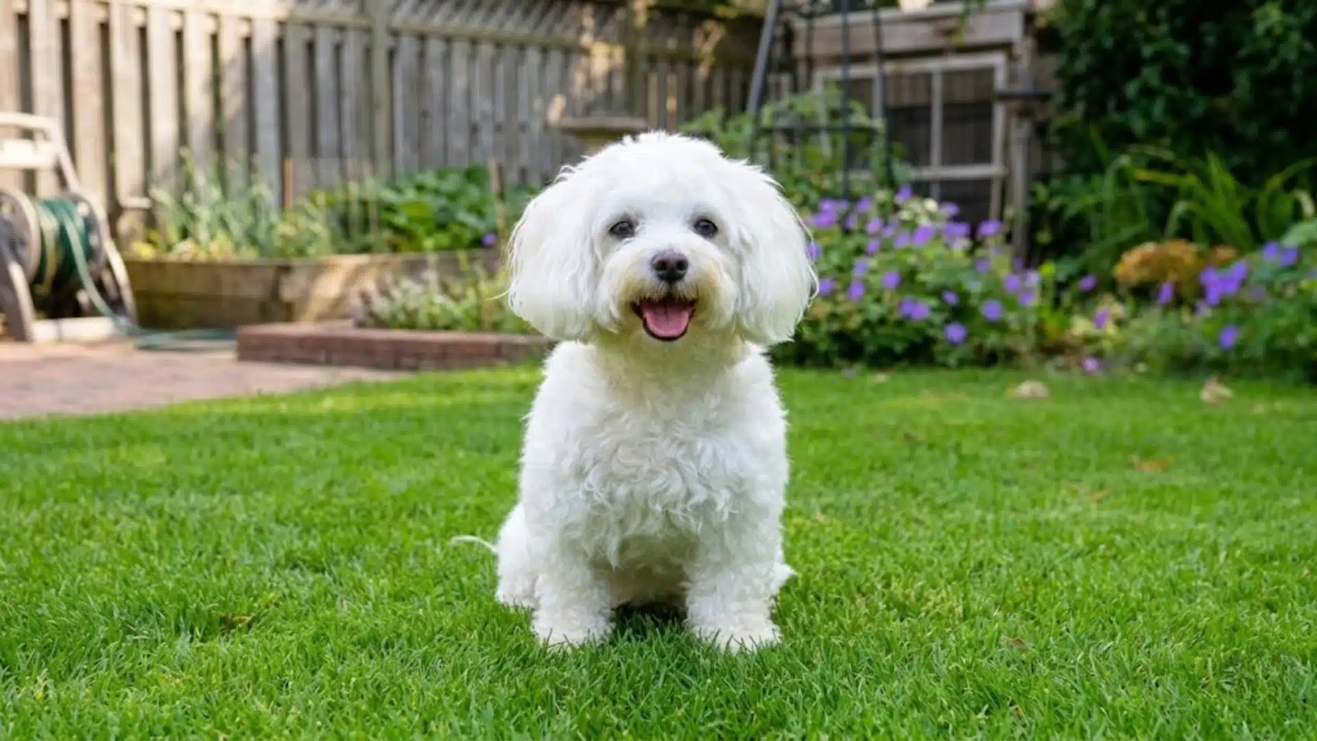 Havanese (White) breed dog standing in a grassy backyard background