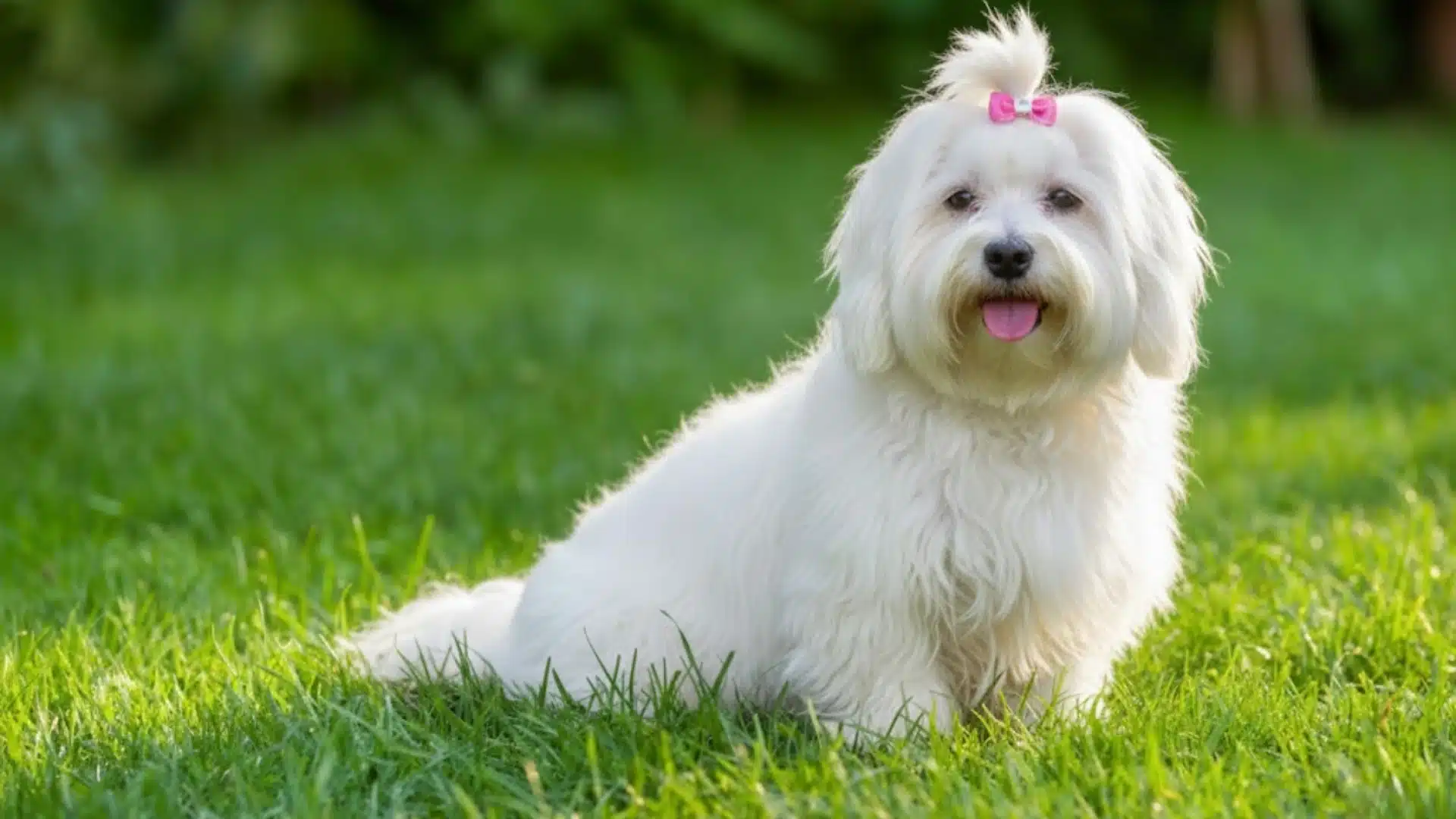 Havanese dog sitting on green grass outdoors with long white coat and pink bow tied on topknot