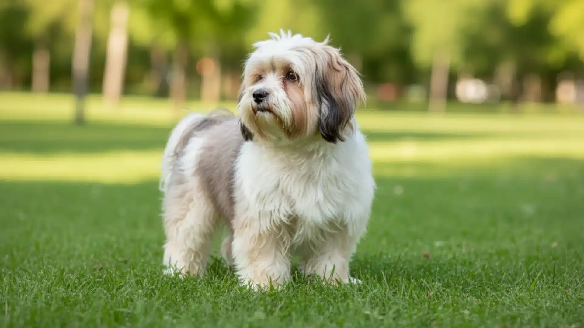 Havanese dog standing on green grass in park, fluffy coat and looking left with trees blurred background