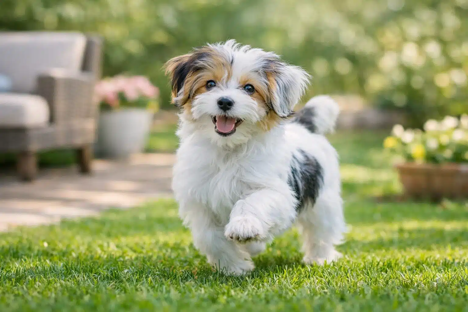 Havanese puppy running on green lawn with garden and flowers in background