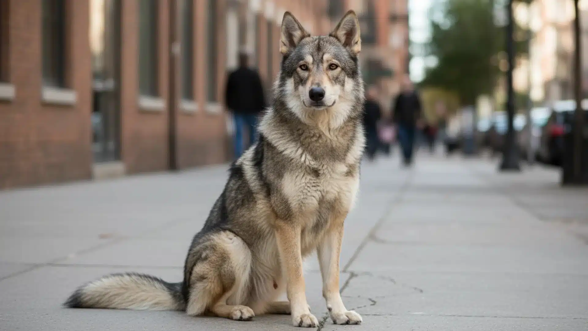 Hierran Wolfdog sitting on a city sidewalk with buildings and pedestrians blurred in the background