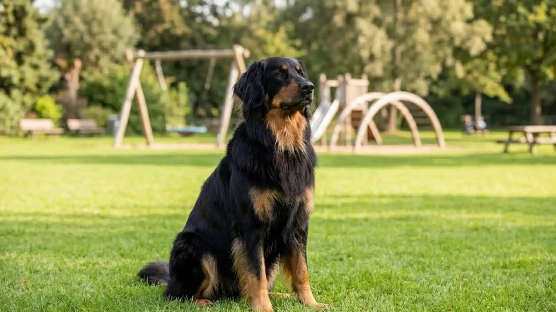 Hovawart sitting on grass in a park, showing its long black and tan coat, strong build, and calm, alert expression