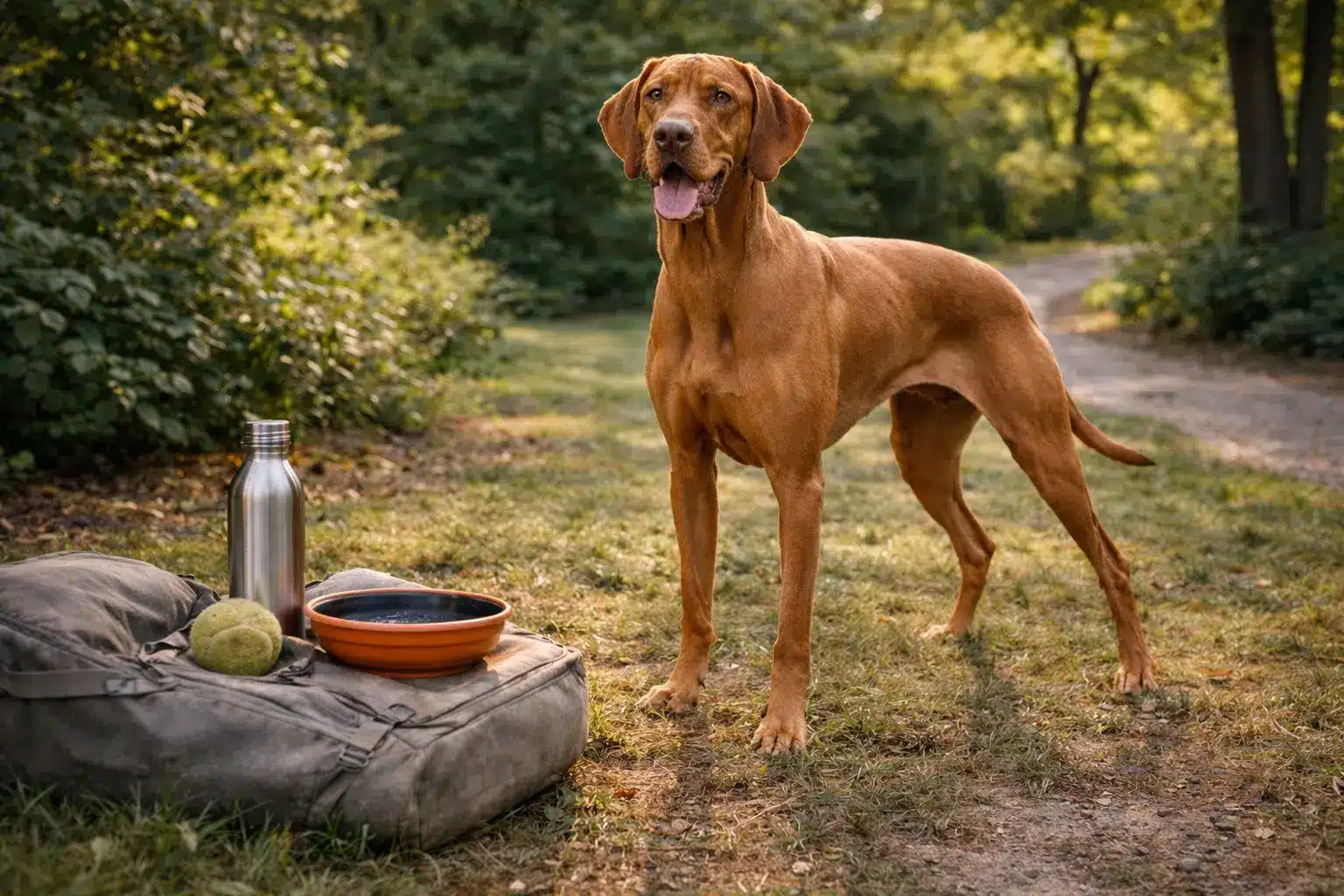 Hungarian Vizsla standing on a grassy trail beside a water bowl, tennis ball, and metal bottle
