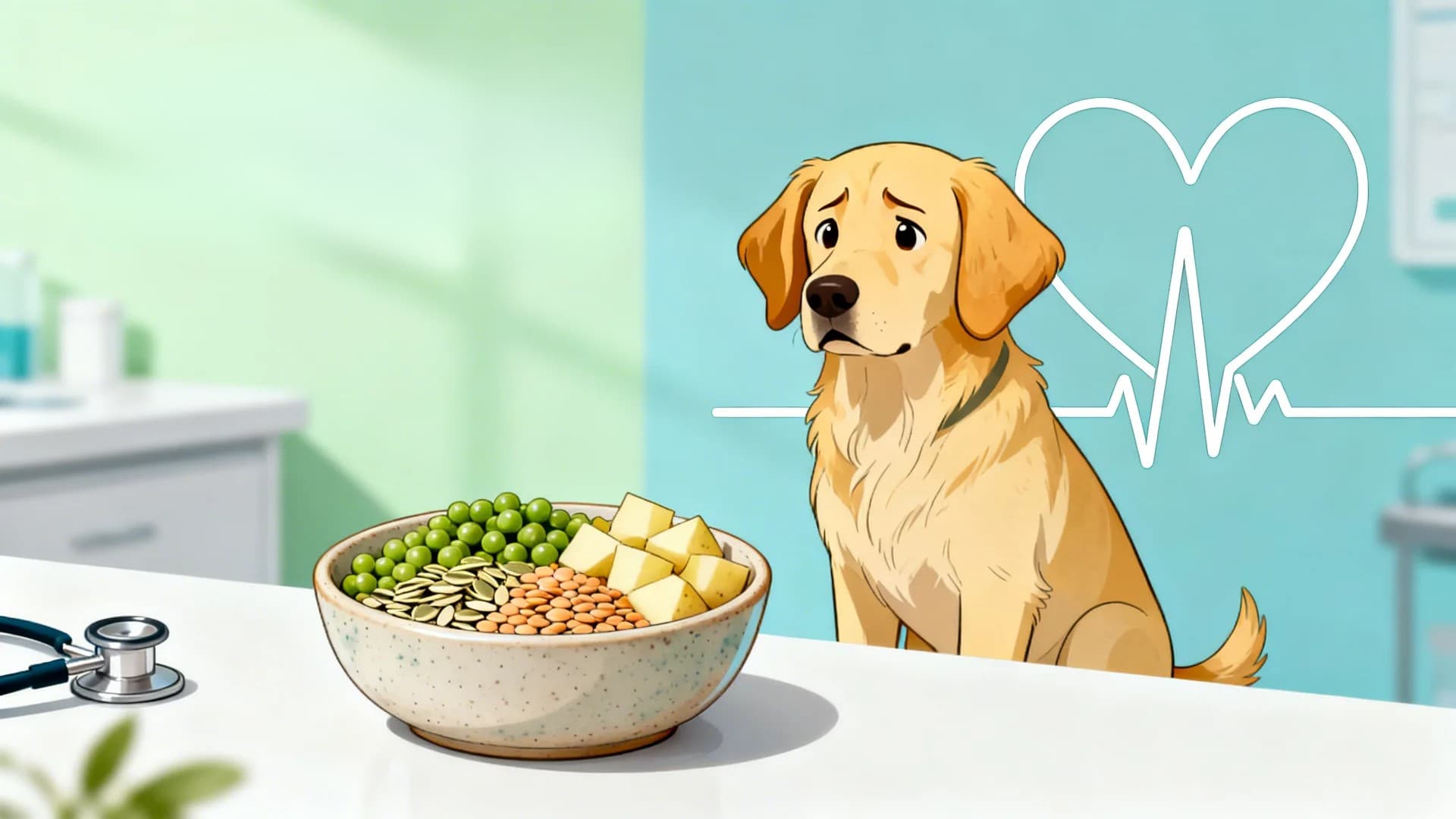 Illustrated blog image showing a worried dog beside a bowl of grain-free dog food, with peas, lentils, and potatoes visible as key ingredients