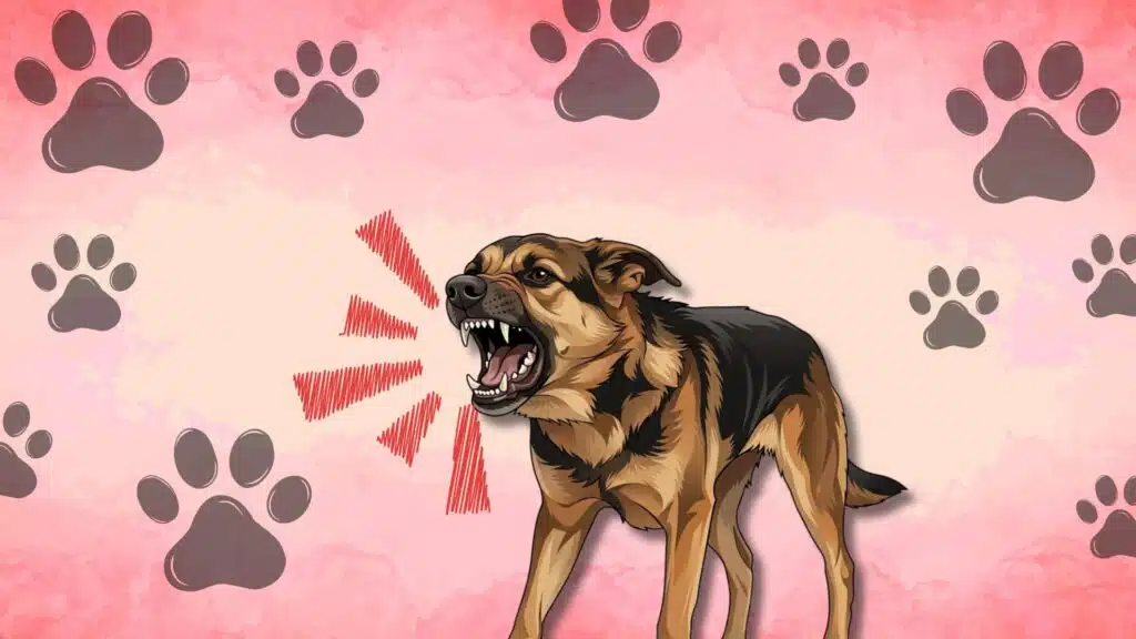Illustrated dog barking aggressively with sound waves and paw print background