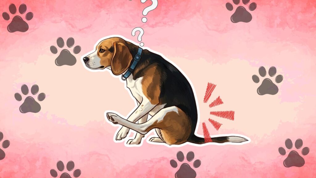 Illustration of a confused beagle scooting on a pink background with paw prints and symbols
