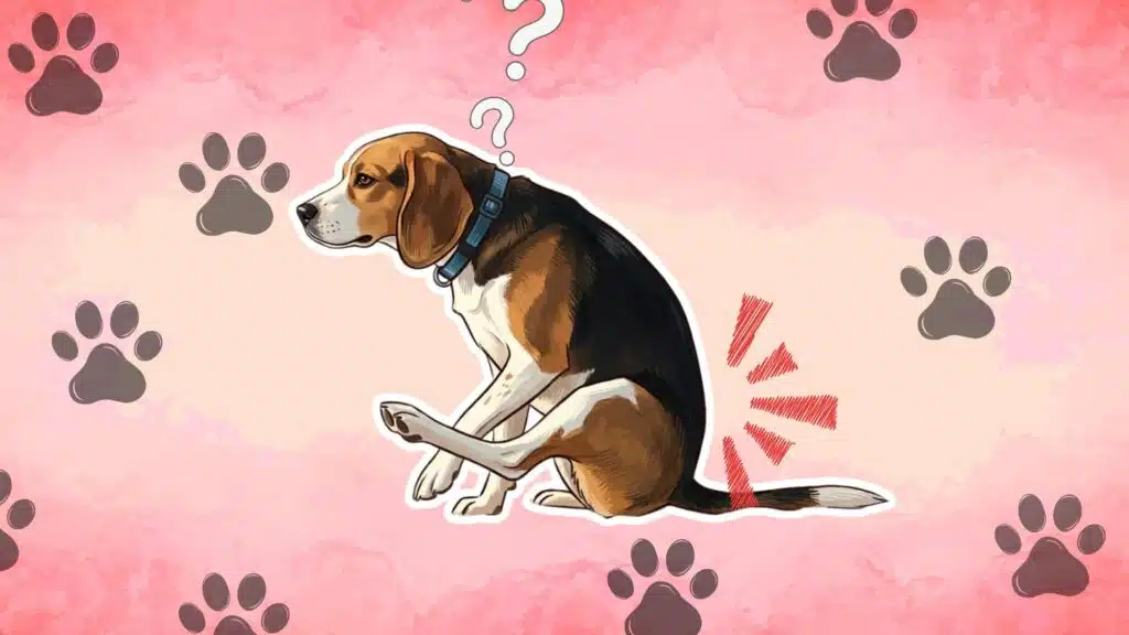 Illustration of a confused beagle scooting on a pink background with paw prints and symbols