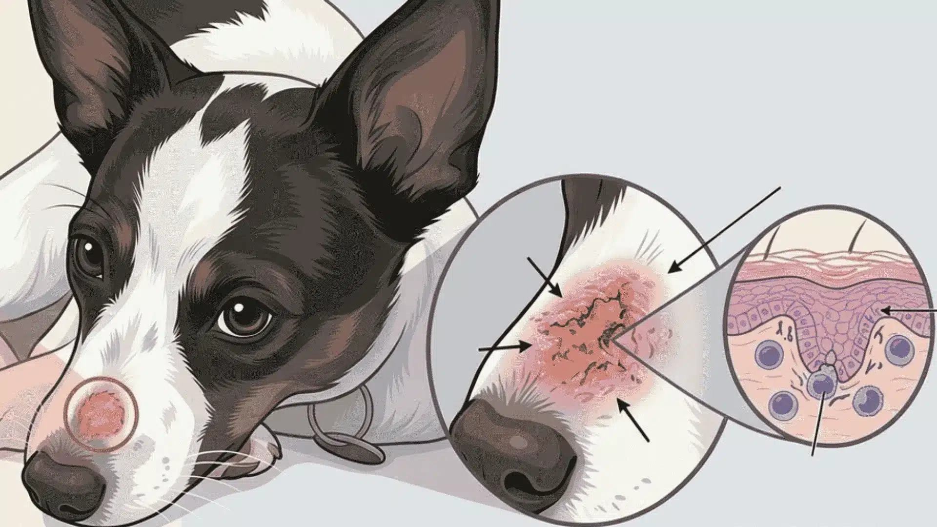 Illustration of a dog with a circular skin lesion on its snout, featuring detailed inset diagrams of the affected tissue