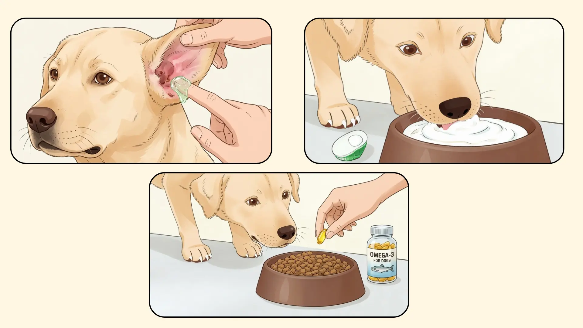 Illustration showing ways to treat dog ear infection with aloe vera gel, feeding yogurt and adding omega 3 supplements to food