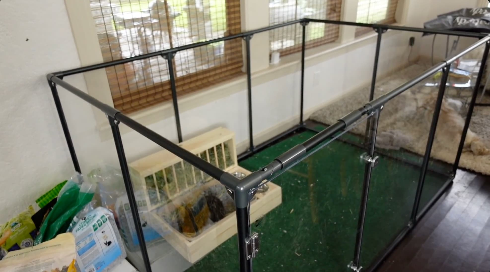 Indoor rabbit exercise pen setup with litter box, hay feeder, water bowl and soft resting area