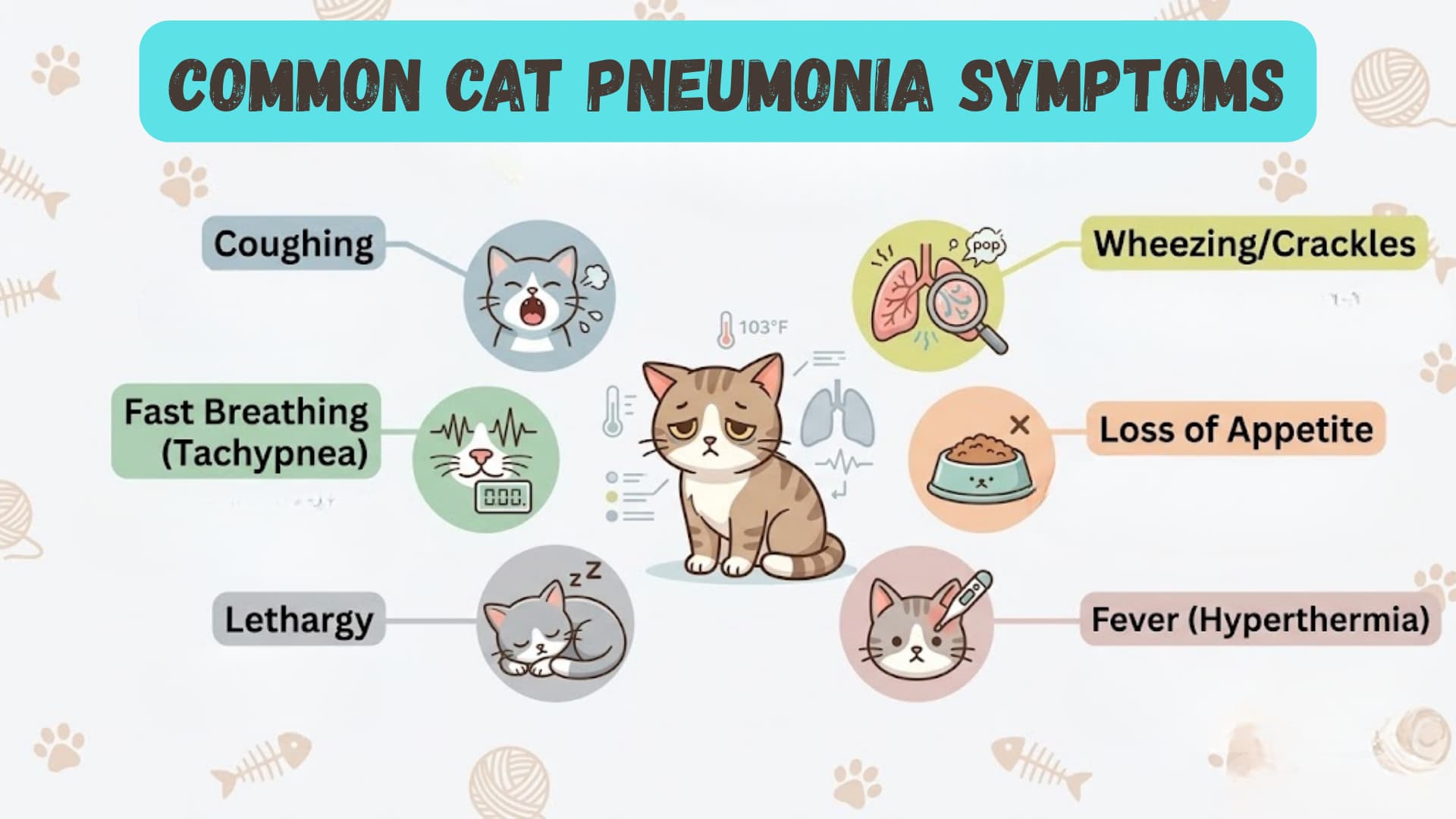 Infographic on cat pneumonia symptoms featuring a central cat illustration and labeled icons