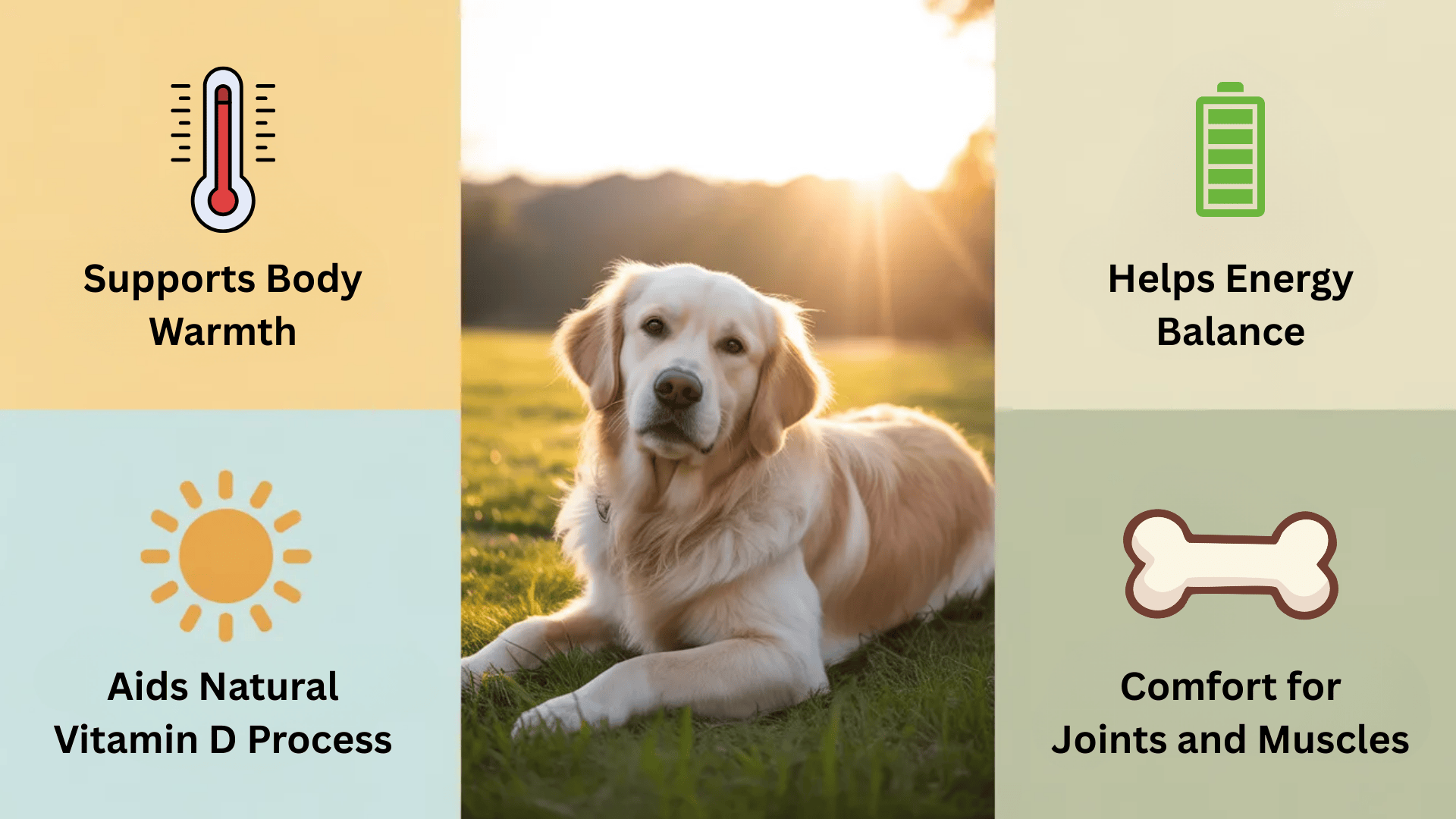Infographic showing a dog resting in sunlight with icons highlighting body warmth, energy balance, vitamin D process, and joint comfort